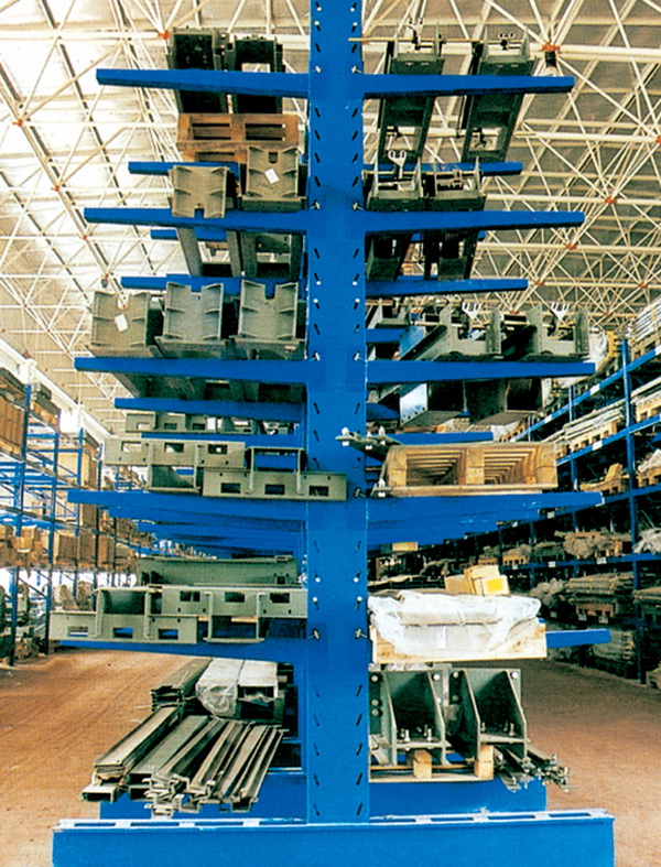 Blue double-sided cantilever rack holding long metal profiles